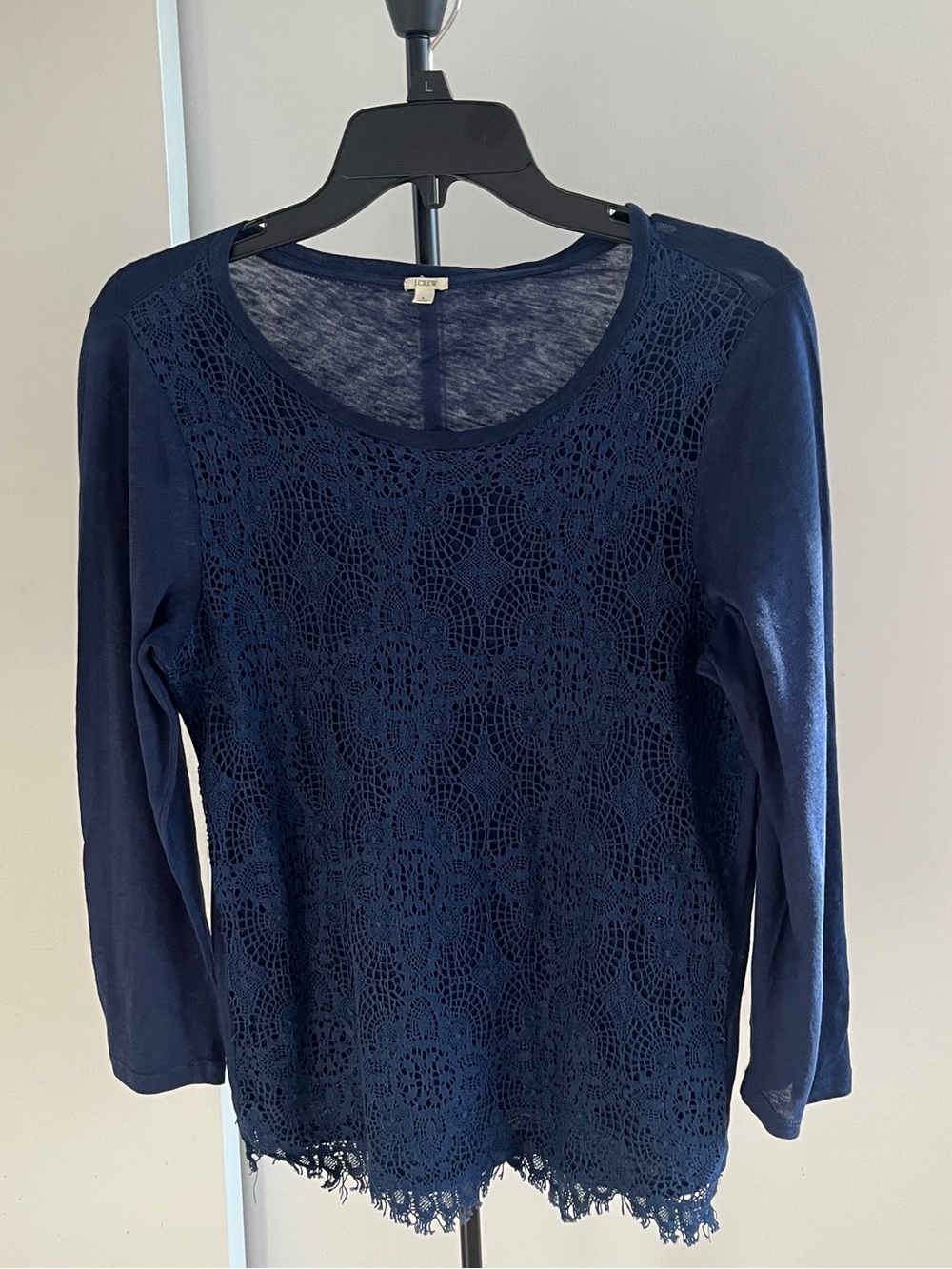 J Crew Women's Navy Blue 100% Cotton  Round Neck Crochet Lace Front Blouse Top L